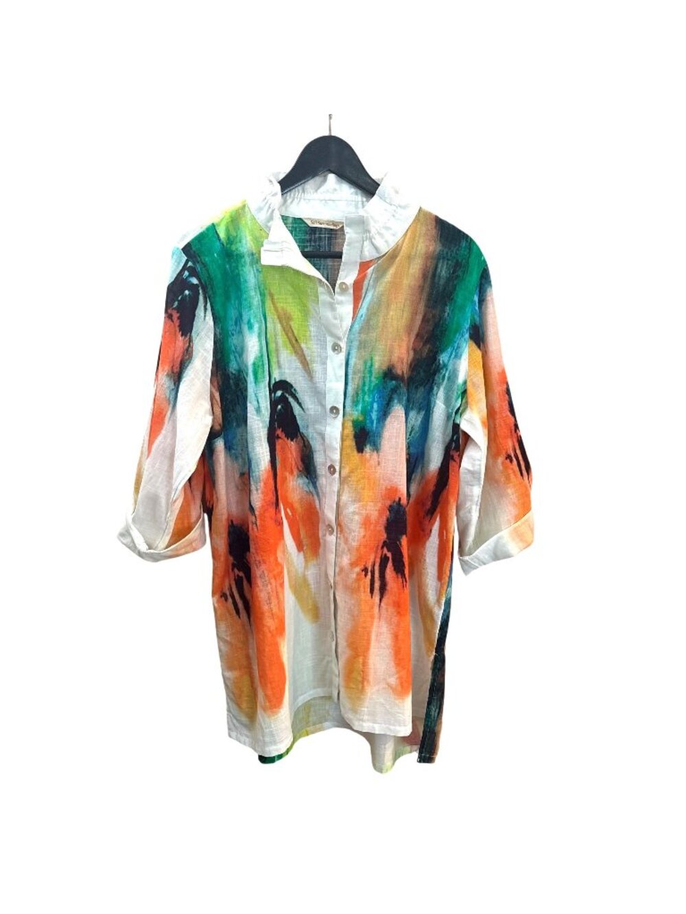Soft Surroundings Isla Grande White Multicolor Watercolor Long Sleeve Button Up